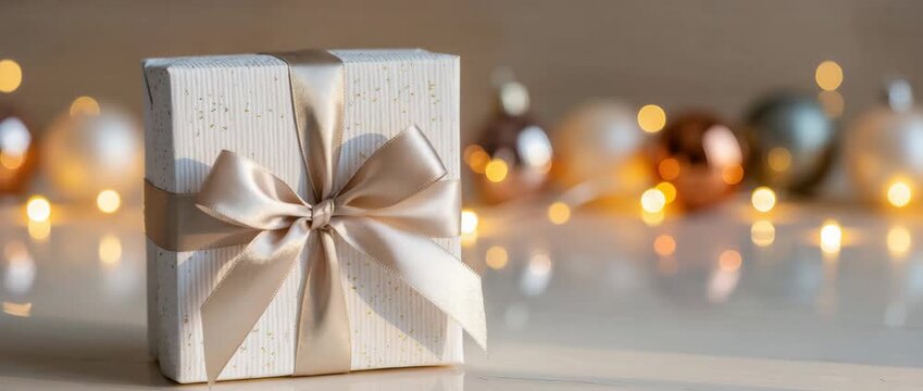 White present box tied with a satin gold ribbon placed on glossy surface with blurred Christmas lights and ornaments behind. Elegant holiday gift moment. Soft light.