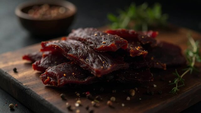 Close-up of dried beef jerky slices with herbs and peppercorns on a rustic wooden cutting board.