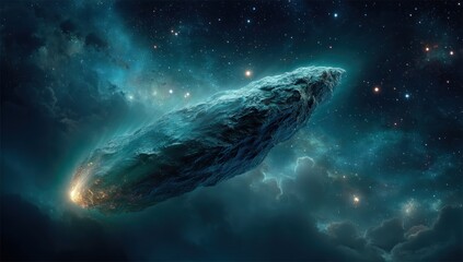 Naklejka premium Massive asteroid glowing with light trails hurtles through deep space surrounded by stars clouds and cosmic nebulae Generative AI