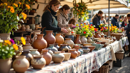 Ceramic pottery market stall with people buying handmade wares