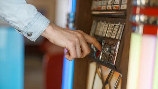 Close-up of a man's hand choosing a song by pressing a button on a retro jukebox in a diner.