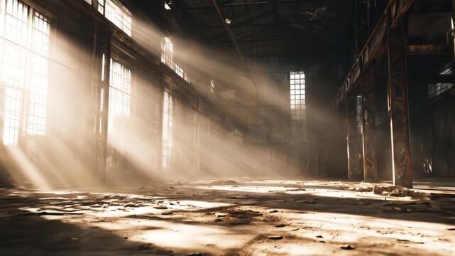 Sunlight streams through dusty windows in an abandoned warehouse, illuminating the empty space and highlighting the decay of the industrial setting, evoking a sense of nostalgia and exploration