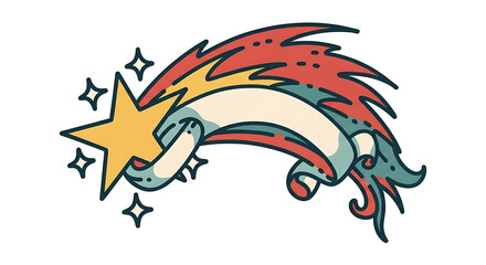 Obraz premium Traditional Tattoo Shooting Star PNG – Vintage Flash Clipart, Scroll Banner, Sparkling Element, Instant Download