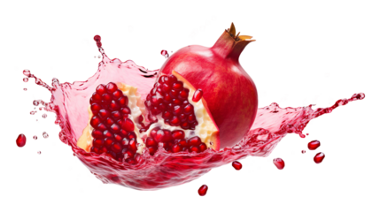 Pomegranate with juice splash and seeds isolated on a transparent white background, clipping path