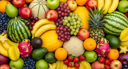 Background photo close up from above a pile of various kinds of fresh fruit covering the image such as melon watermelon apple grapes orange pear pineapple longan cherry banana dragon fruit avocado 