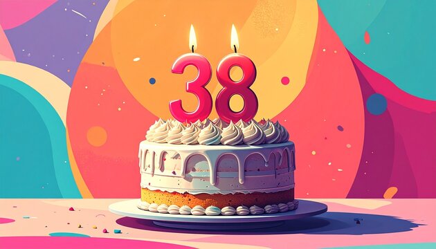 Retro illustration of a birthday or anniversary cake with a number 38 candle