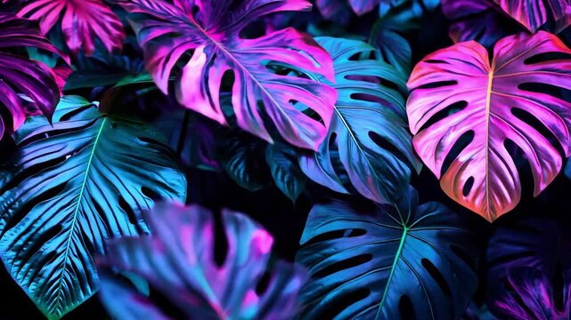 Tropical monstera leaves showcase a mix of vivid colors under soft lighting in a lush environment