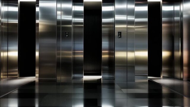 Silent elevators stand in a polished lobby, reflecting light and creating a sleek atmosphere in a contemporary setting