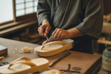 Japanese artisan carving wooden geta sandals, 
wood shavings on workbench, traditional workshop, focus on hands and tools, craftsmanship 下駄を削る職人