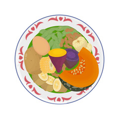 Vector Illustration Logo Clip art Top View Healthy Steamed Indonesian Food or Polo Pendem on a Plate