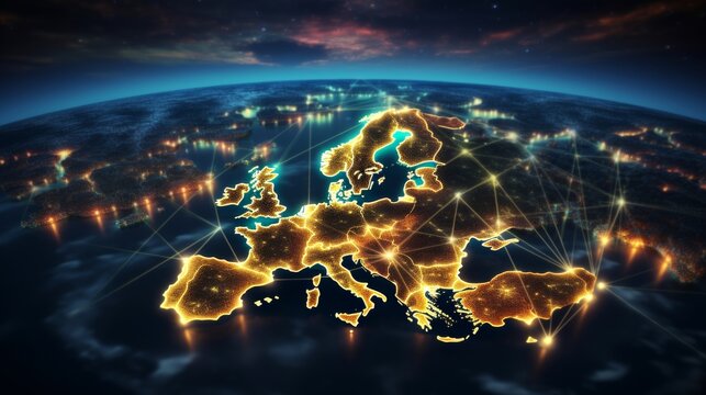 Eu network mapping connectivity, data transfer, cyber tech, and business exchange in western europe - Powered by Adobe