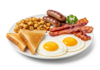 Cooked Breakfast Close-Up — Eggs, Toast Triangles, Hash Browns, Sausages and Bacon