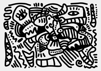 abstract, and cubist style illustration featuring overlapping faces and figures