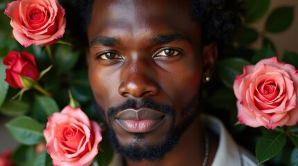 Un guapo hombre negro rodeado de rosas rosadas