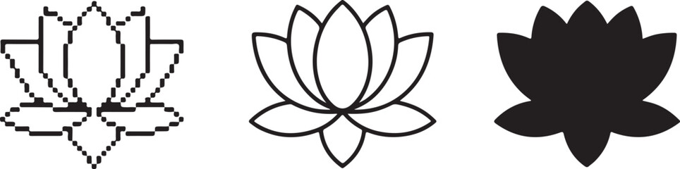 Minimalist Lotus Flower Illustration Set  Pixel Art, Line Drawing, and Silhouette Design