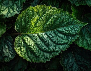 Dramatic Close Up of a Large Textured Green Leaf with Sunlight.