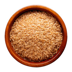 Pile of brown rice, brown rice in a wooden bowl isolated on transparent or white background.