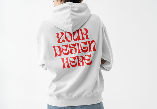 Mockup Of Woman Wearing Customized Hooded Top, Rear View