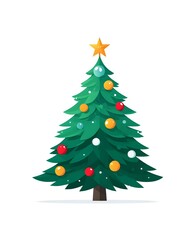 Fototapeta premium Festive evergreen Christmas tree decorated with colorful ornaments and topped with golden star on isolated background, ready for holiday designs and greetings.