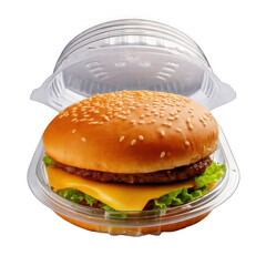 Plastic Clamshell with Cheeseburger.