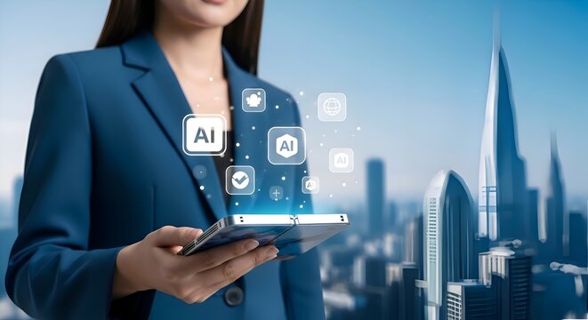 A young woman holding a foldable gadget showing floating AI assistant icons, futuristic city background