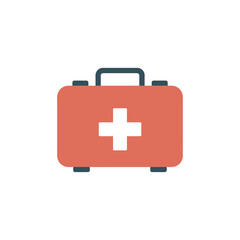 Fototapeta premium A red flat icon of a complete first aid kit with a white cross for emergency medical assistance on a white background