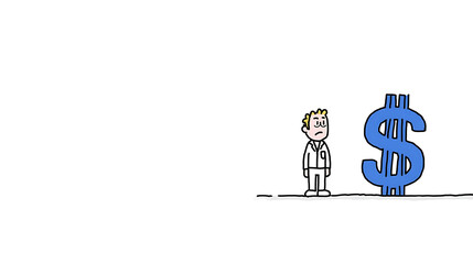 A cartoon man is standing in front of a large blue dollar sign