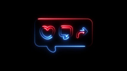 Neon social media icons heart chat share arrow glowing on black background digital animation abstract concept likes - Powered by Adobe