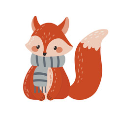 A cute little fox in a warm scarf on a winter day. Joyful and cozy character for your design. Flat vector style. Winter colors: blue, white, orange and red.