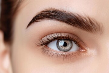 Closeup of beautiful female eye with long eyelashes and perfect eyebrows makeup