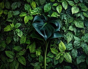 Dramatic Dark Green Heart Shaped Leaf on a Lush Foliage Wall.
