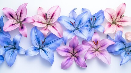 Bouquet of multicoloured lilies on white background.
Postcard design, interior design, advertising of flower shops, thematic blogs about nature.