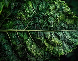 Dramatic macro photograph of a dark green crinkled leaf texture.