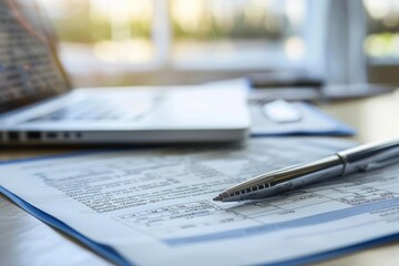 Business report with silver pen, laptop, and eyeglasses on desk in office setting with bright window in background