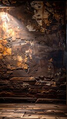 Dramatic Spotlight Illuminating an Old Grunge Brick Wall and Wooden Floor.