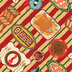 Christmas dinner vector seamless pattern. Holiday delicious food repeat design. Roast turkey, cake dessert, appetizers, plate on place mat, champagne on striped background. Festive meal illustration