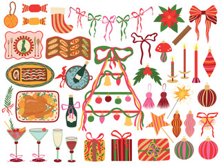 Christmas party vector set. Festive clipart with holiday food, drinks, gifts, ornaments, candles, decorations isolated on white background. Colorful playful xmas elements for card, celebration design