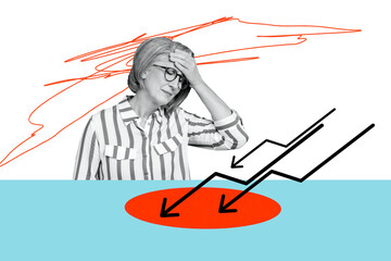 Composite photo collage of upset old woman sit office arrow decline problem crisis recession...