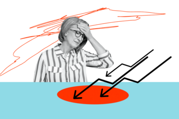 Composite photo collage of upset old woman sit office arrow decline problem crisis recession regress isolated on painted background