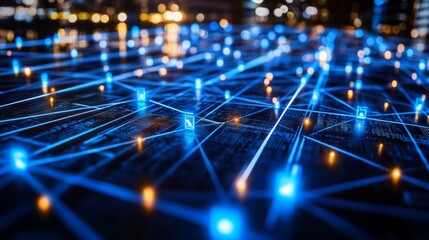 Intricate Web of Connected Data Points Illuminating the Digital Network Across a City Landscape