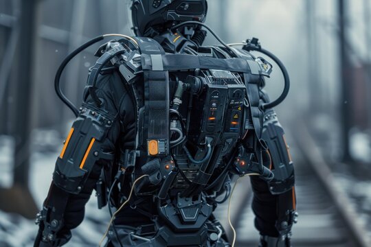 Soldier wearing a futuristic exoskeleton walks on railway tracks in a post apocalyptic city
