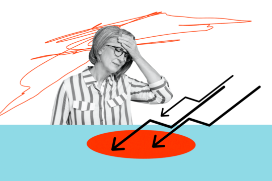 Composite photo collage of upset old woman sit office arrow decline problem crisis recession regress isolated on painted background - Powered by Adobe