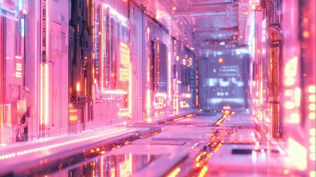 Futuristic high technology corridor with glowing lights and data flow representing a digital pathway, computer animation