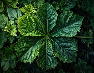Dramatic top down view of a large textured palmate leaf.