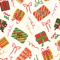 Gift boxes vector seamless pattern. Colorful wrapped presents with bows and festive ribbons decorations on light cream background. Modern holiday repeat design for Christmas, birthday celebration