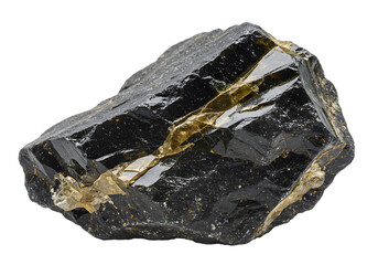 A single raw piece of black obsidian, a natural volcanic glass mineral with a shiny surface, isolated on a white background