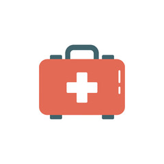 Obraz premium A simple red flat icon of a first aid medical box with a white cross for health and emergency preparedness on a white background