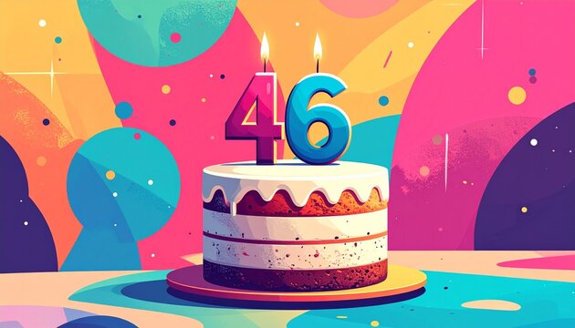 Retro illustration of a birthday or anniversary cake with a number 46 candle