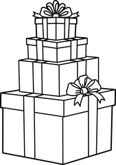 Hand-drawn stack of gift boxes tied with ribbon and bows celebration present