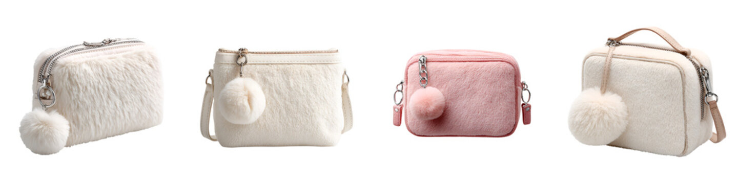 Trendy Shoulder Bags with Pom-poms on White